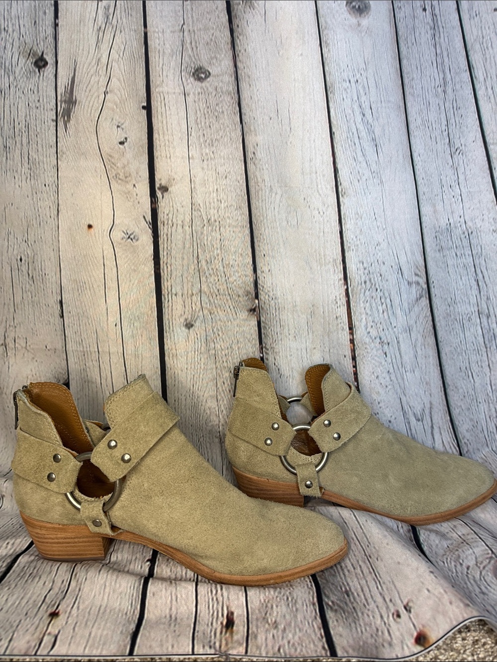 Frye Beige Suede Cutout Ankle Booties with Ring Detail - Picture 6 of 11